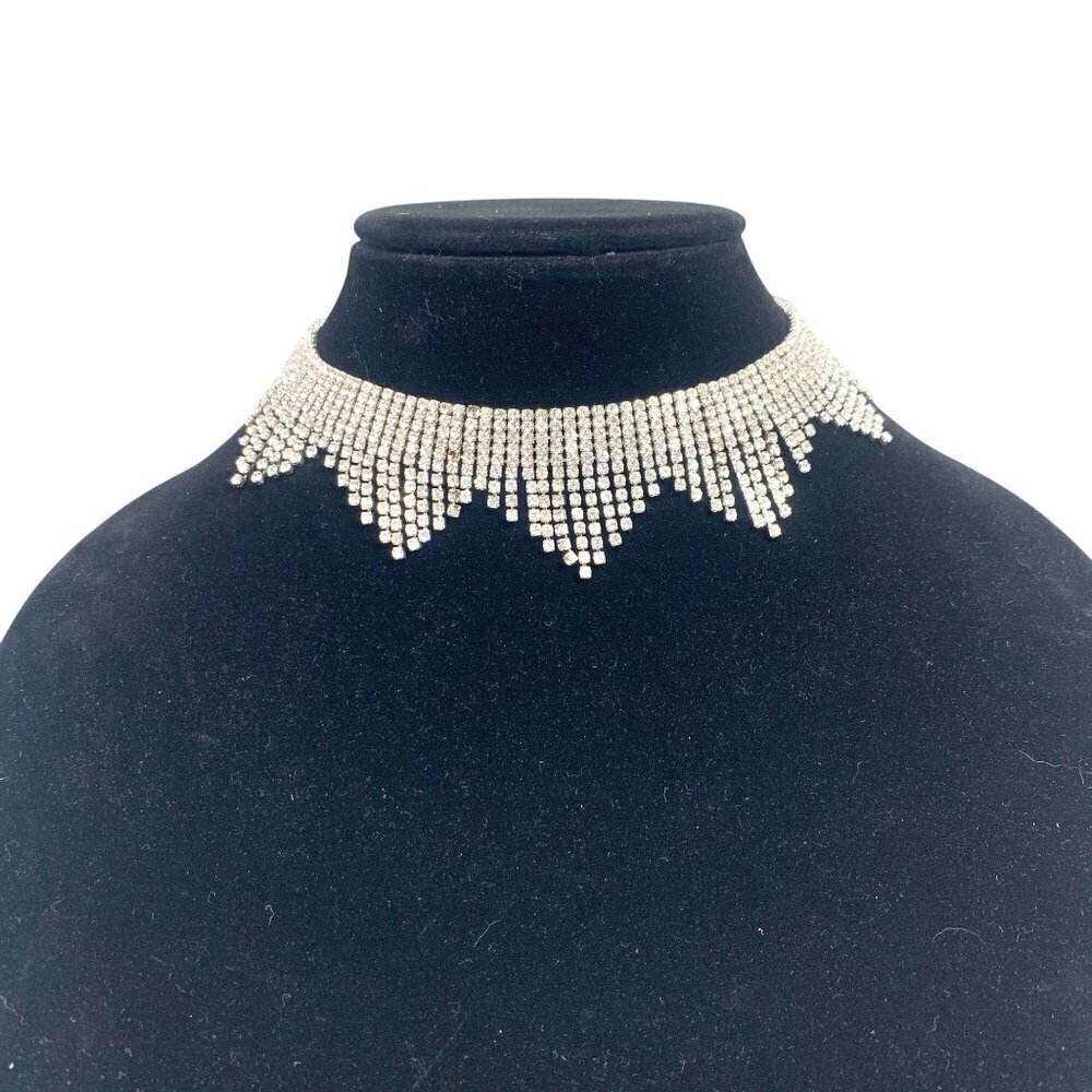 Pave Crystal Cuff Chandelier Necklace Silver & Rhinestones 12.5"L + 3"